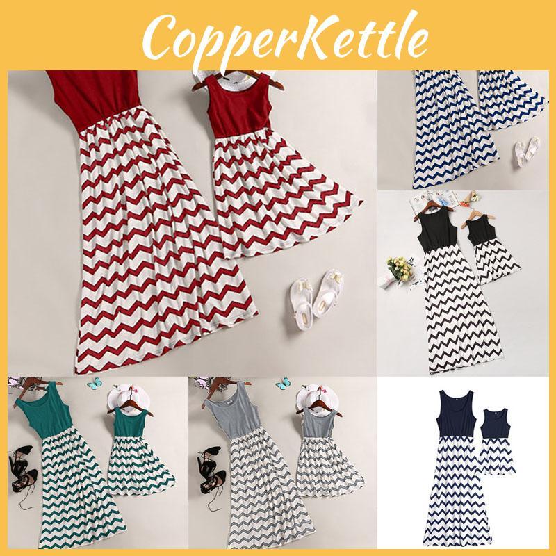 Stylish Mother And Daughter Fashion Casual Boho Stripe Maxi Matching Dress Outfits