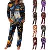 Women's Round Neck Long Sleeve Drawstring Wide Leg Pajama Set for Casual Loungewear