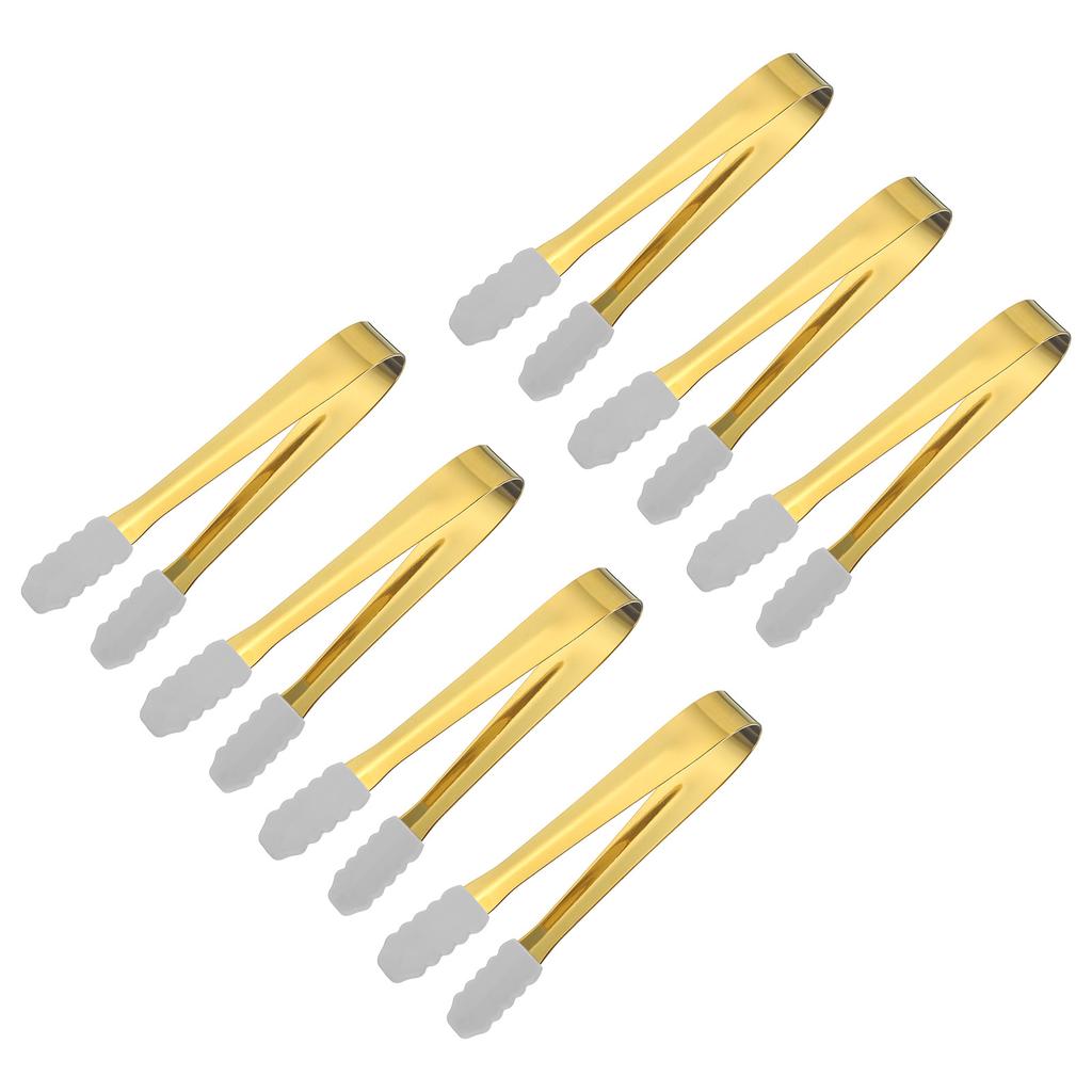 7pcs Silicone BBQ Grilling Tongs Stainless Steel Ice Tongs Tiny Tongs for Appetizers Sugar Desserts Bar Cafe Gold 5.3Inch
