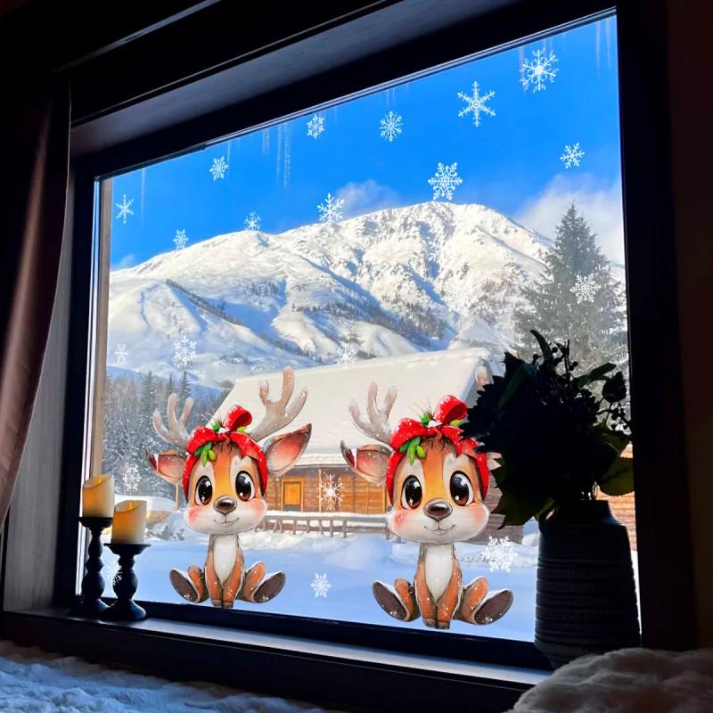Christmas Deer Snowflake Window Decal Set PVC Static Cling Decor Home Kitchen Bathroom Shop Display