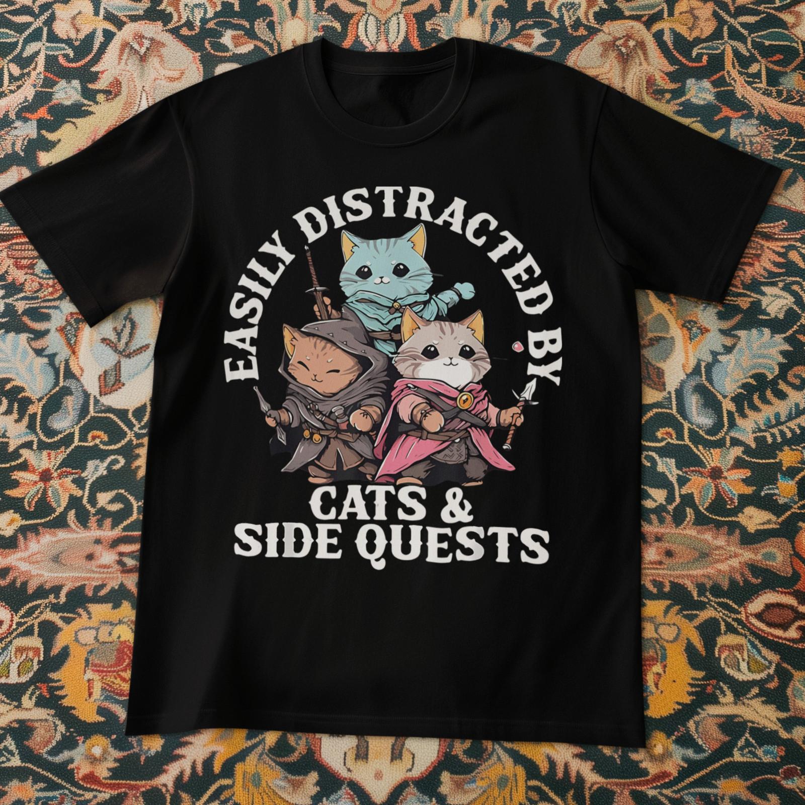 Easily Distracted by Cats Side Quests T-Shirt Funny Cat Gamer RPG Tee XXXL