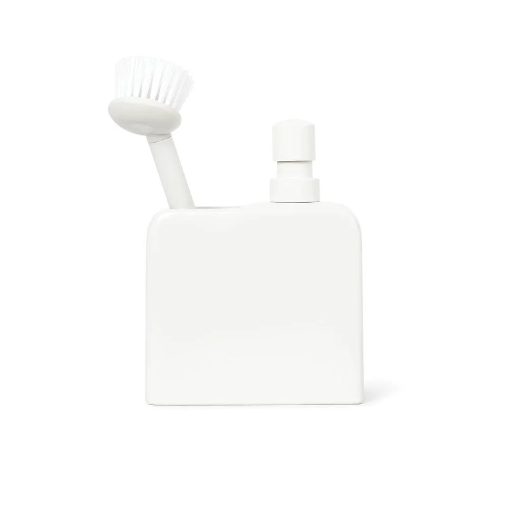 Ceramic Liquid Soap Pump with Built-in Brush Caddy Multi-Purpose Dispenser Kitchen and Bathroom Heavy Duty Easy One-Handed Use