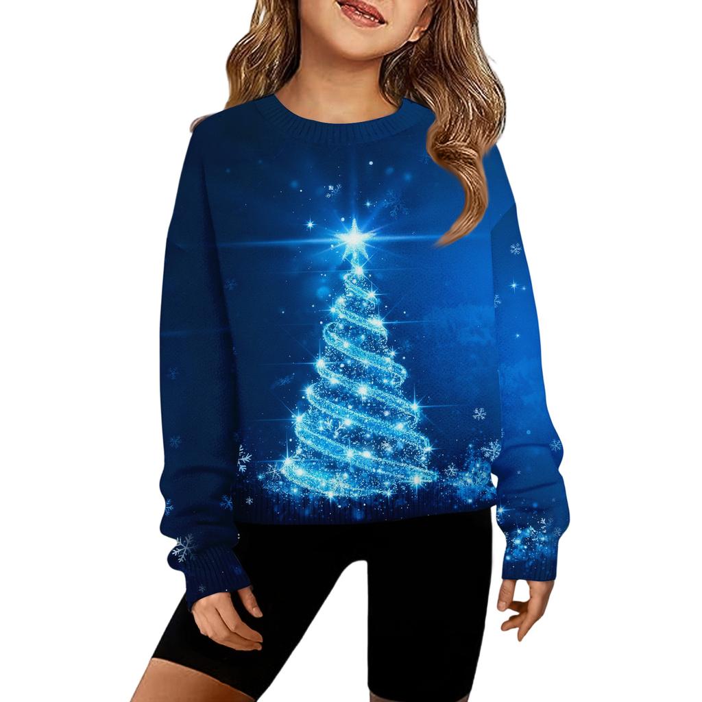 Girls' Hooded Knitted Pullover Round Neck Long Sleeve Top