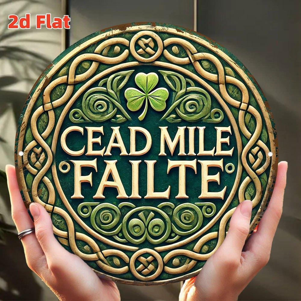 Cead Mile Failte Keltisches Kleeblatt Blechschild Vintage Langlebige Metallplakette Wanddekoration Traditioneller Irisch-Keltischer Stil Haus Büro 20x20cm(8x8inch) beige