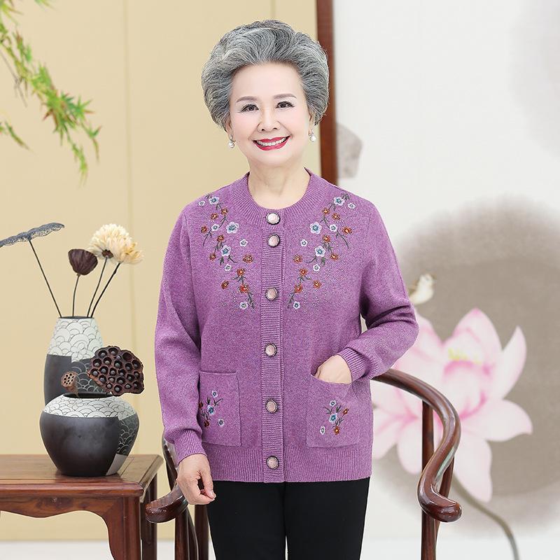 Embroidered Velvet-Enhanced Warm Cardigan for Women Aged 60-70