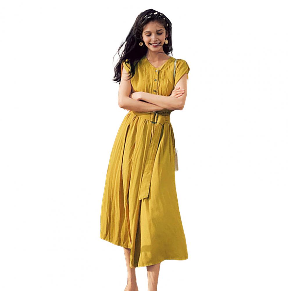 Women Solid Color Long Dress Elegant Summer Midi Dress with Belted Slim Waist A-line Silhouette Pleated Details for Women Round
