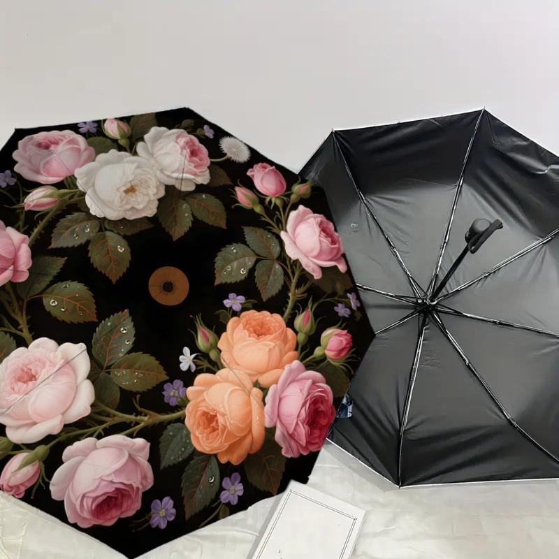 1pc Roses and Dandelions Circular Arrangement Umbrella with Plastic Handle,Suitable for All Seasons Home Travel Outdoor UmbrellaDD1829