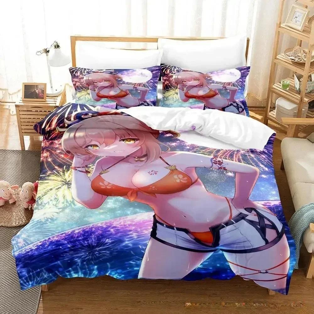 2024 Game Yoimiya Genshin Impact Bedding Set Cartoon Anime three-piece set Adult Kid Bedroom Duvet cover Sets 3D Kawaii Girls