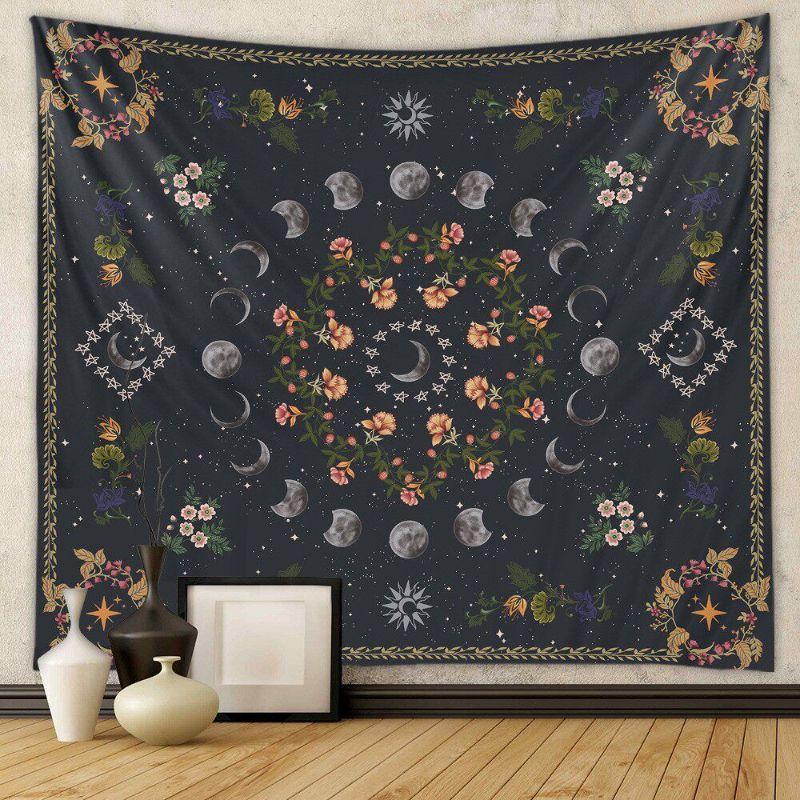 Moon Phase Floral Crystal Wall Tapestry Black Background Lunar Cycle Potted Plant Gemstone Hand Mushroom Butterfly Occult
