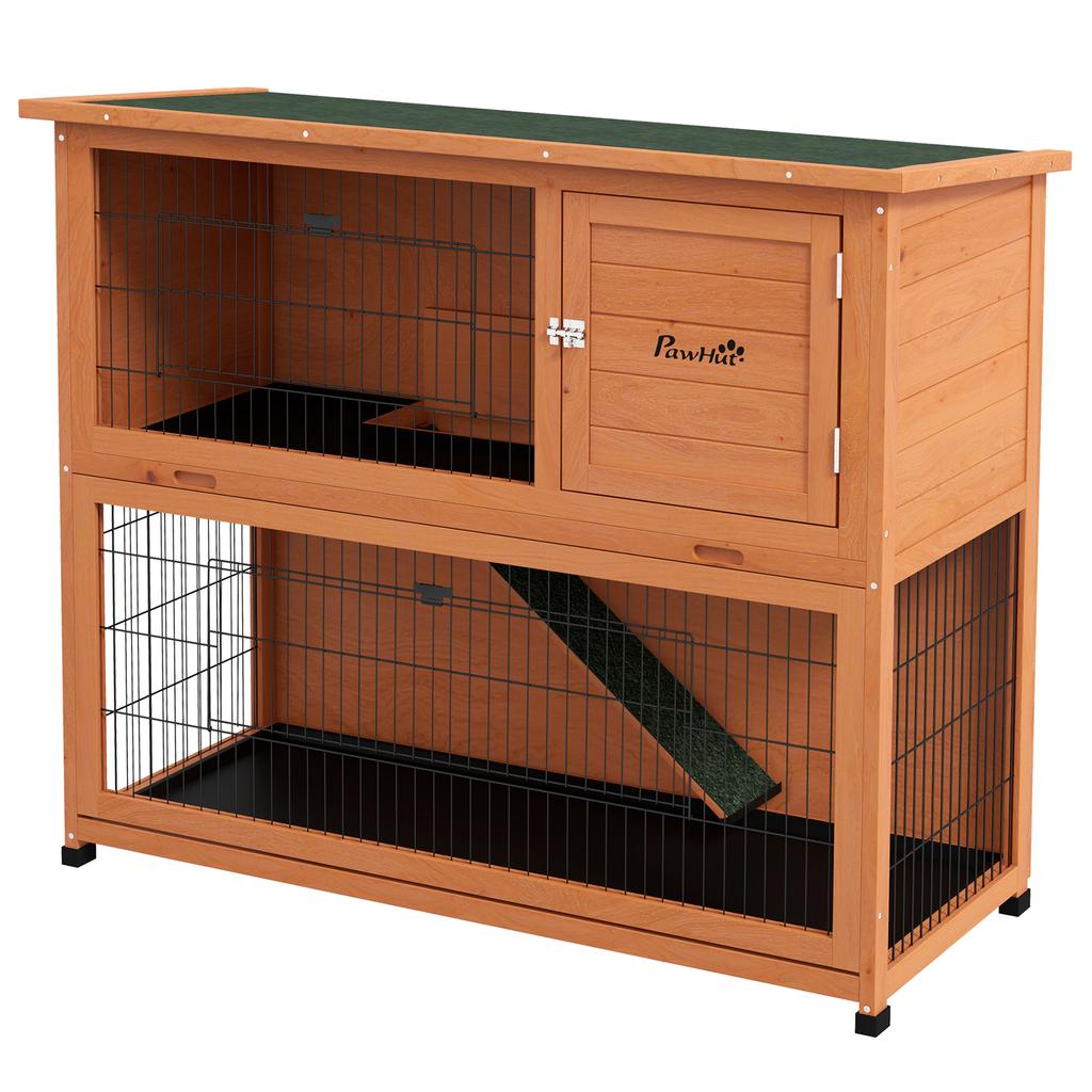 Two-Tier Antiseptic Wood Rabbit Hutch, 102cm Guinea Pig Hutch with Run - Orange