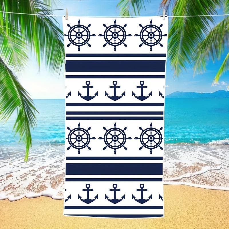 1 Anchor And Waves Sport Beach Towel - Polyester Fabric, Blue And White Nautical Pattern, Perfect For The Beach, Pool, Travel 70X140cm