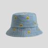 Simple smiley face embroidered denim bucket hat female Harajuku retro basin hat spring and summer sun protection visor male