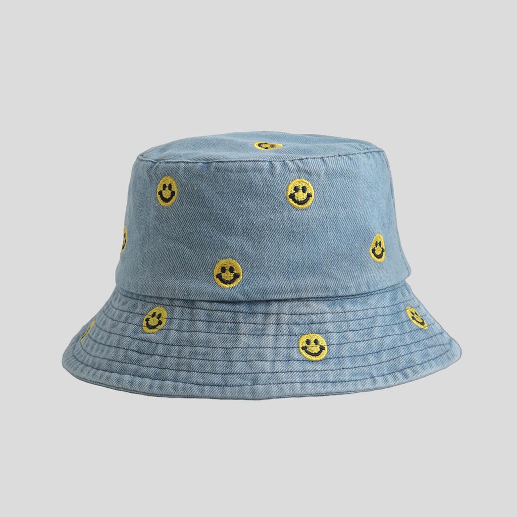 Simple smiley face embroidered denim bucket hat female Harajuku retro basin hat spring and summer sun protection visor male