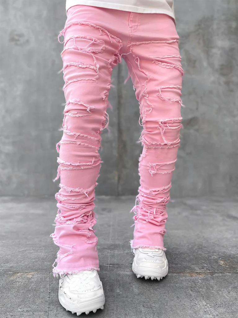 Jeans Uomo Fit Stacked Strappati Slim Fit Patch Usurati Distrutti Dritti Denim Pantaloni Hip Hop Trap Streetwear Pantaloni Abbigliamento