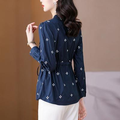 Spring Women Blouse Viscose Imitation Stylish Drawstring Waist Tie Shirt Floral Print Loose Tummy Cover Fashion Top