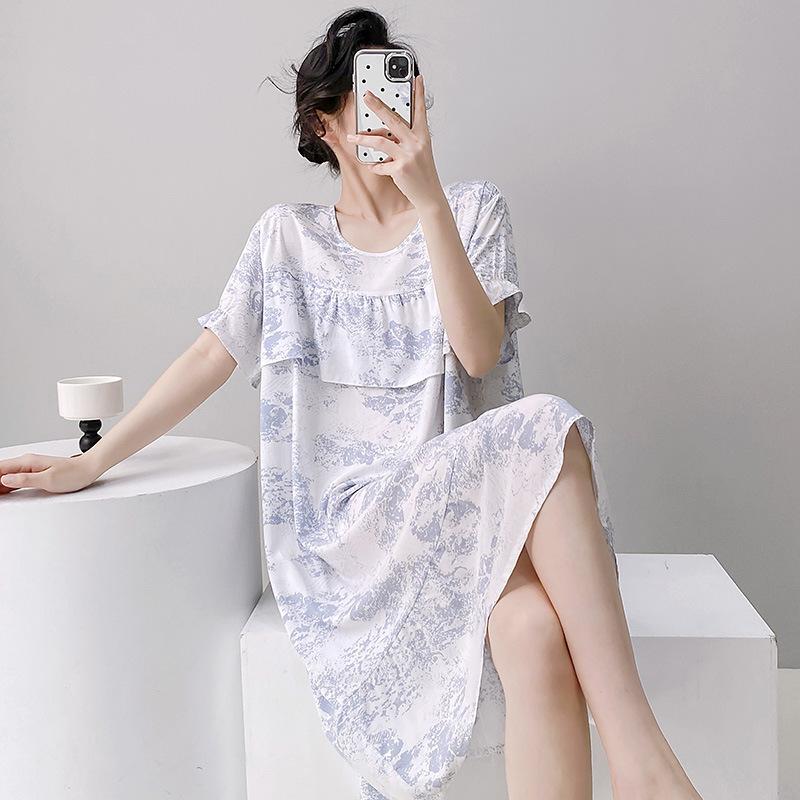 Sexy Nachtwäsche Damen Spitze Viskose Nachtkleid Kurzarm Cartoon Nachthemden Mädchen Nachthemd Einheitsgröße Nachthemd Mädchen Nachtwäsche