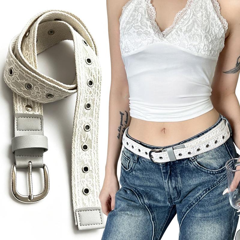 Vintage Lace Canvas Belt for Women Fashionable Metal Buckle Decorative Waistband Retro Jean Accessory Korean Trendy Design 110cm