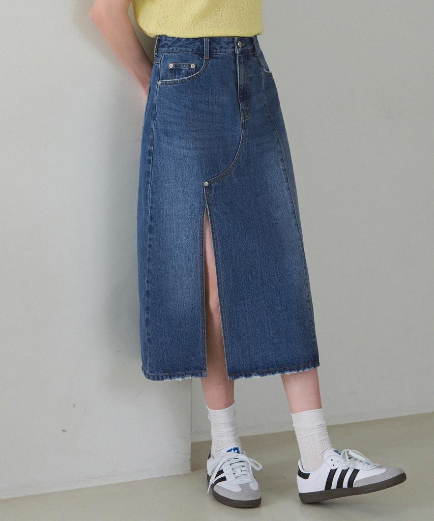 Deuloupisumeon Vertical Line Denim Long Skirt [Blue]