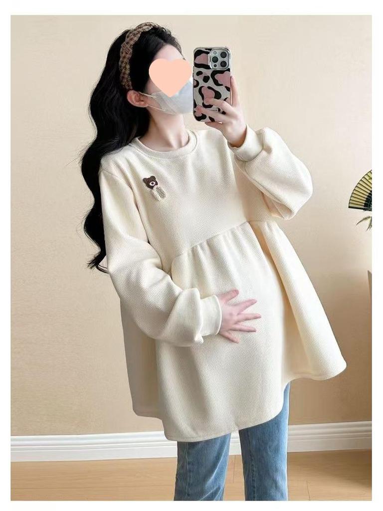 2025 Koreanischer Stil Lockerer Rundhals Fleece Umstandspullover für Herbst/Winter