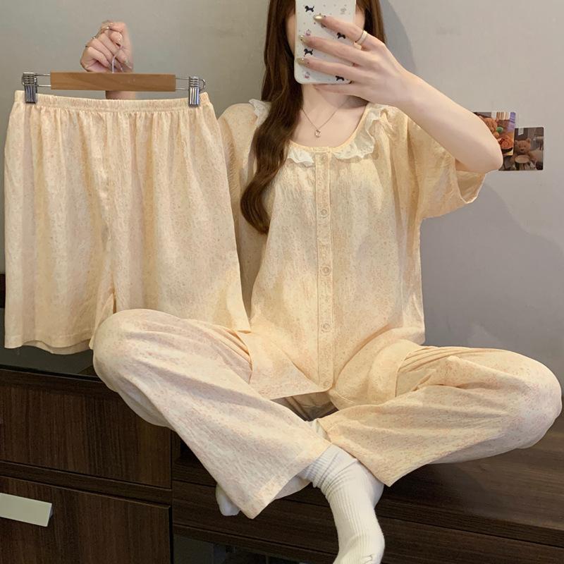 Cute Lace Round Neck Floral Short-Sleeved Pajamas Women'S Summer Pastoral Cloud Cotton Loungewear Three-Piece Set