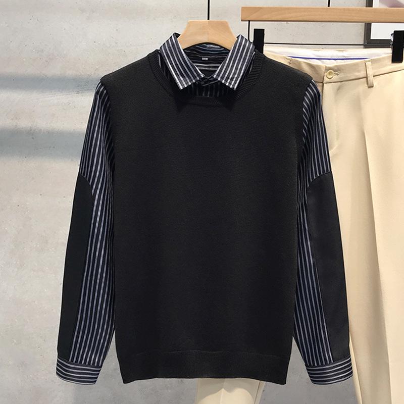 Men's Fake Two-Piece Sweater with Shirt Collar: 2025 Spring/Autumn Patchwork Knitwear Trendy Jacket