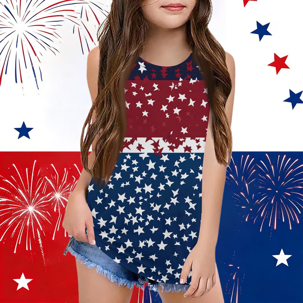 Girls  Kids Summer Crewneck Sleeveless Shirts Tank Tops Independence Day