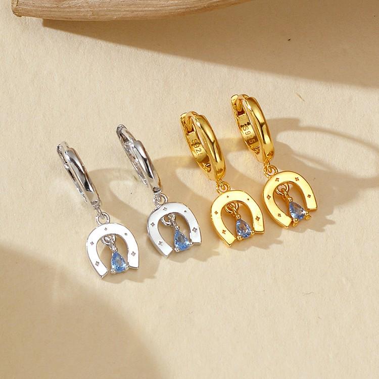 European-American S925 Silver Starry Lake Blue Zircon Water Drop Ear Cuffs - Temperamental Women's Geometric Fashion Earrings