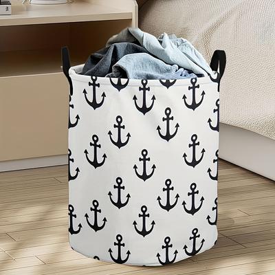 1 Bohemian Nautical Anchor Storage Basket with Handle - Ocean Themed Round Laundry Hamper for Bedroom, Dorm, Laundry Room - Stylish Storage Solution, 