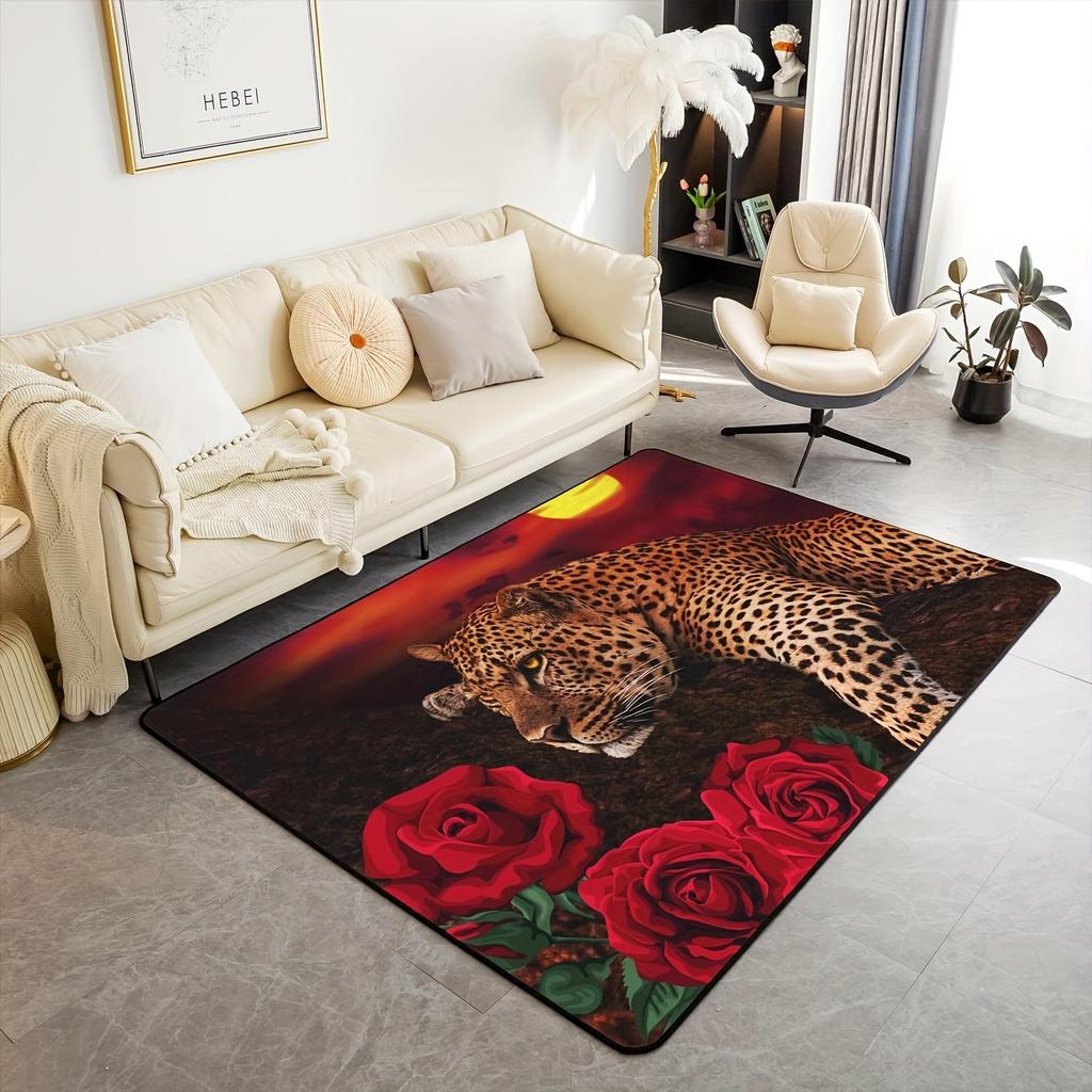 Luxury Leopard Print Botanical Floral Pattern Non-Slip Floor Mat Washable Decorative Area Rug for Living Room Bedroom Office