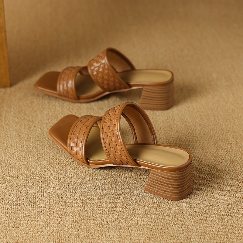 Krazing Pot Klapki z naturalnej skóry z odkrytymi palcami na średnim obcasie, buty letnie, dekoracja pleciona w stylu rzymskim, sandały damskie