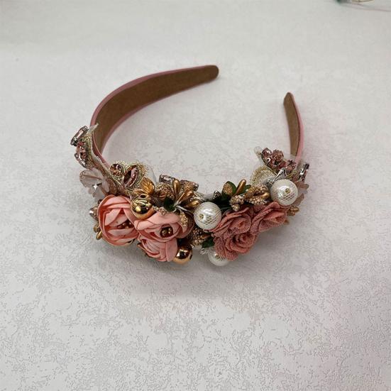 Women Heaband Fake Flower Faux Pearl Shiny Rhinestone Decor Wide Vintage Luxury Anti-slip Colorful Hair Hoop Anti-slip Hair Decoration Accessory