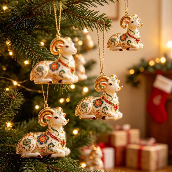 Christmas Party Supplies 2D Acrylic Goat Ornament, Farm Animal Car Rearview Mirror Tree Decor Charm, Auto Interior Hanging Pendant for Tree,