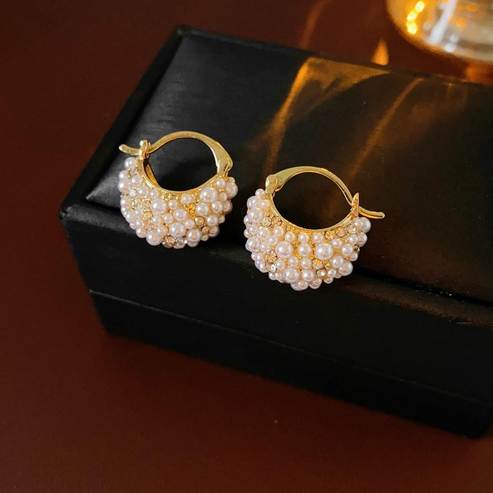 Temperament Court Style Rhinestone Imitation Pearl Basket Hoop Earrings for Women Bride Wedding Ear Clasp Designer Jewelry Gifts