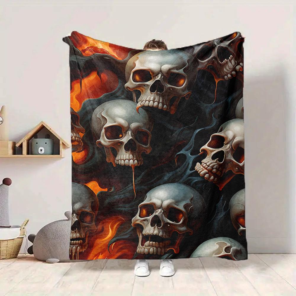 1pc Skulls Flames Lightweight Flannel Blanket, Comfortable and Warm Blanket, for Office and Camping Sofa Bed, Livingroom189