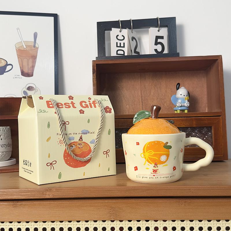 Cute Orange Cat Mug with Lid Creative Good Luck Cup Girls Home Coffee Cup Chinese New Year Gift