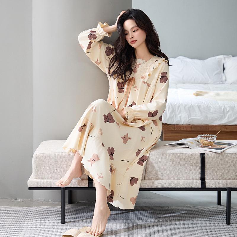 Nattlinne för gravida i koreansk stil för kvinnor, 100% ren bomull, antibakteriellt, långärmat - Lös passform för höst/vinter/vår
