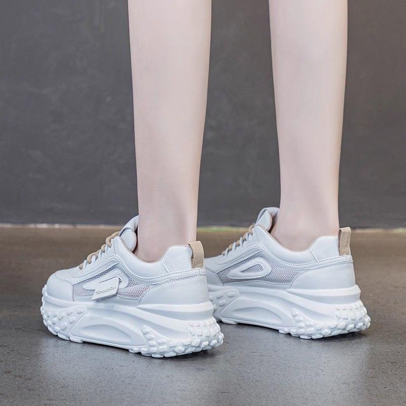 Soft leather thick-soled popular dad shoes women's height increased by 5cm spring and autumn mesh breathable sports casual white shoes