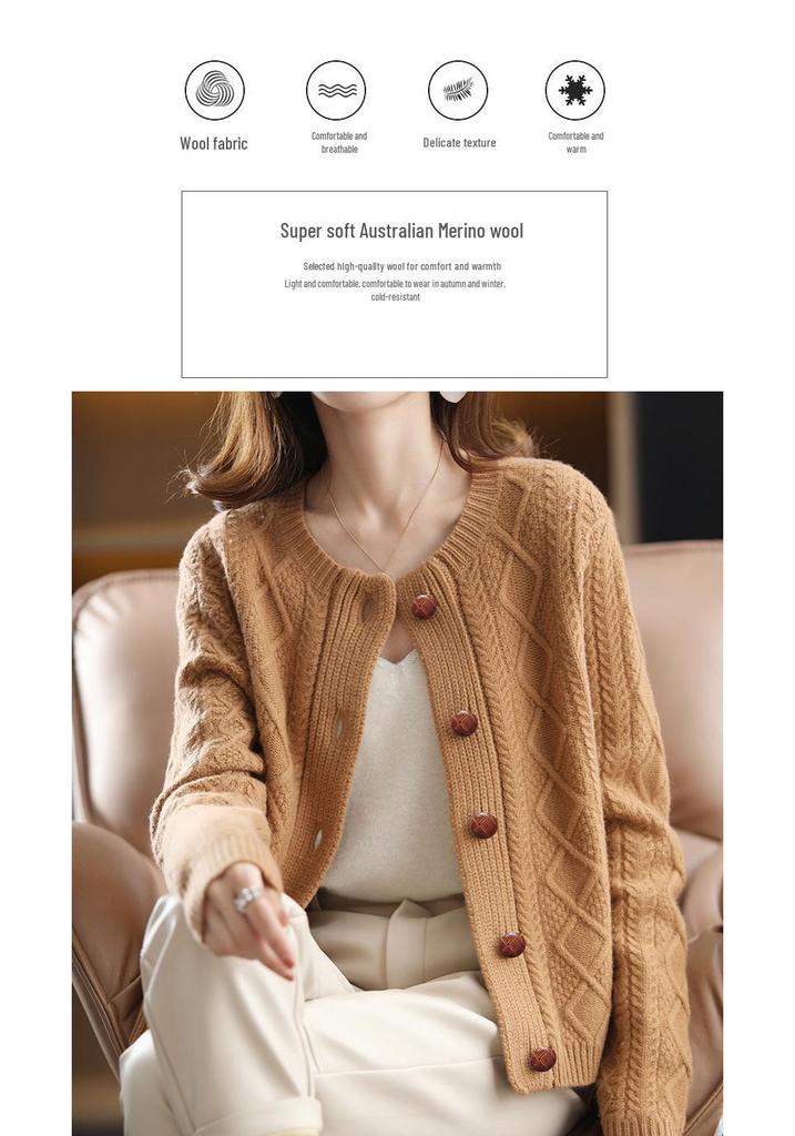 Women's Pure Wool Diamond Cable Knit Round Neck Cardigan – Korean Style Sweater Coat