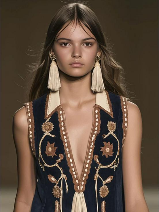 Bohemian Embroidered Suede Tassel Sleeveless Mini Dress