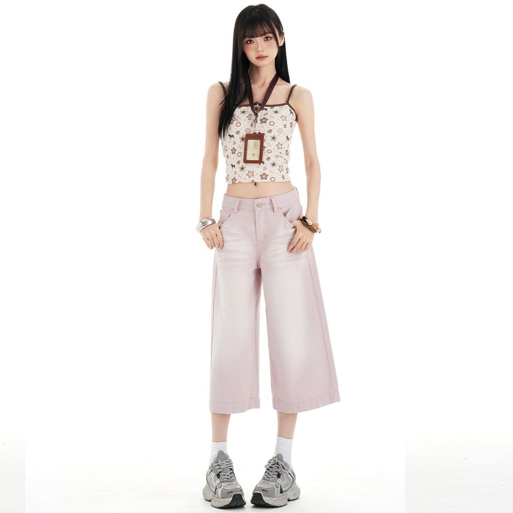 Fashion Summer 3D Whisker Loose Straight Pink Denim Cropped Capri Pants Trendy Versatile Slimming Sweet Casual Wear