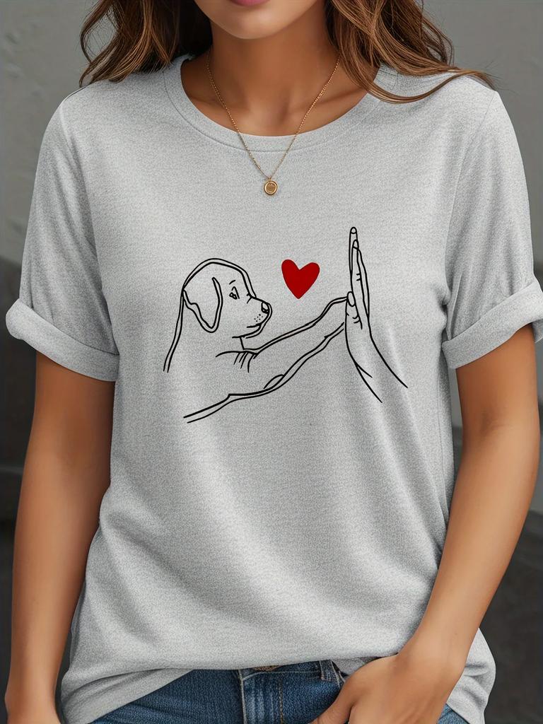 Womens Casual ShortSleeve TShirt with Dog HighFive and Heart Print Round Neck Tee for Everyday Wear