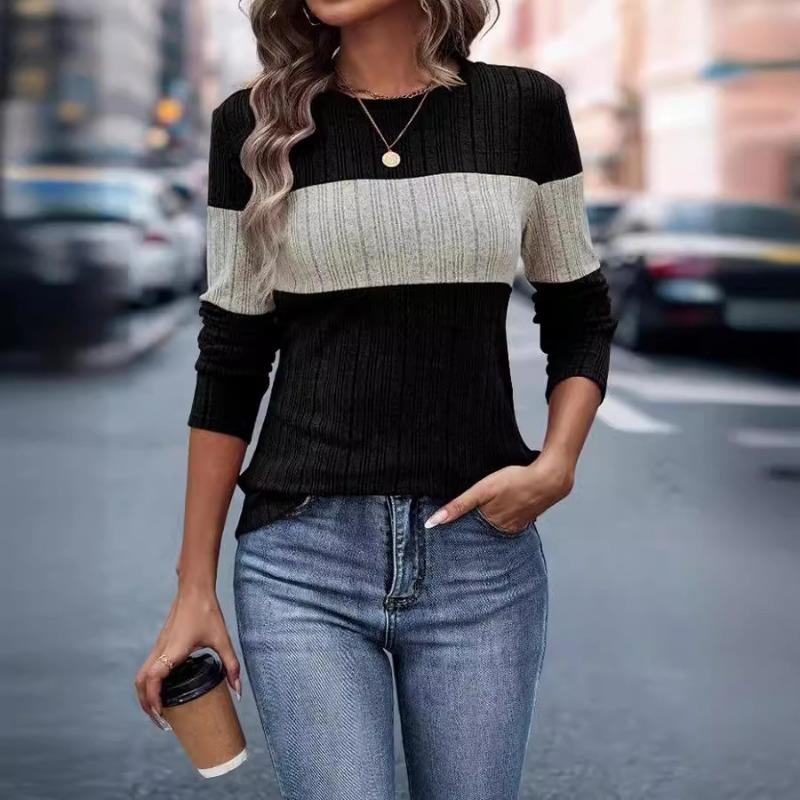 Women's Fall/Winter Contrasting Crewneck Long-Sleeved Top T-shirt