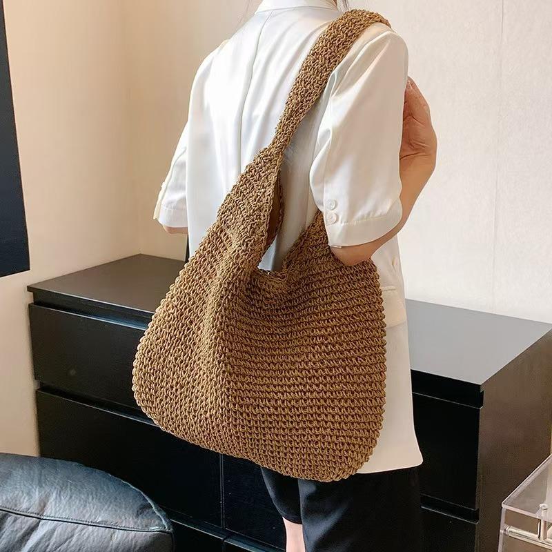 Single Shoulder Strap Straw Bag Handmade Paper Rope Woven Bag Women's New Large Capacity Single Shoulder Tote Bag Holiday Beach Women's Bag