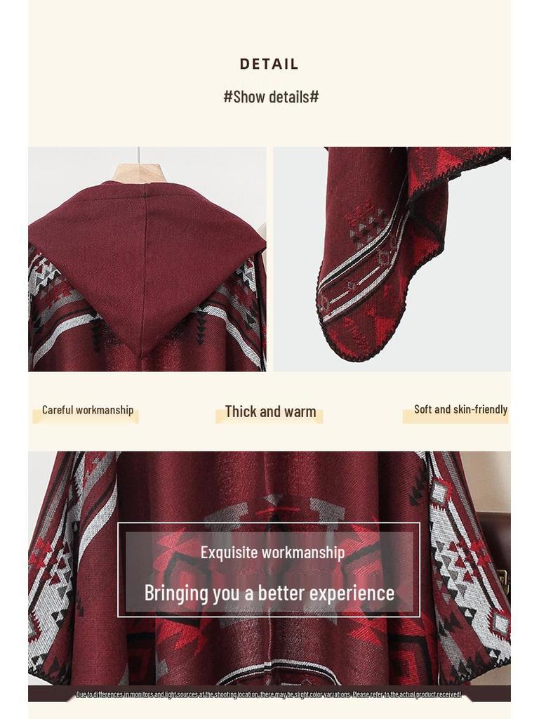Ethnic Hooded Cape Shawl - Unisex Warm Travel Outerwear Cloak