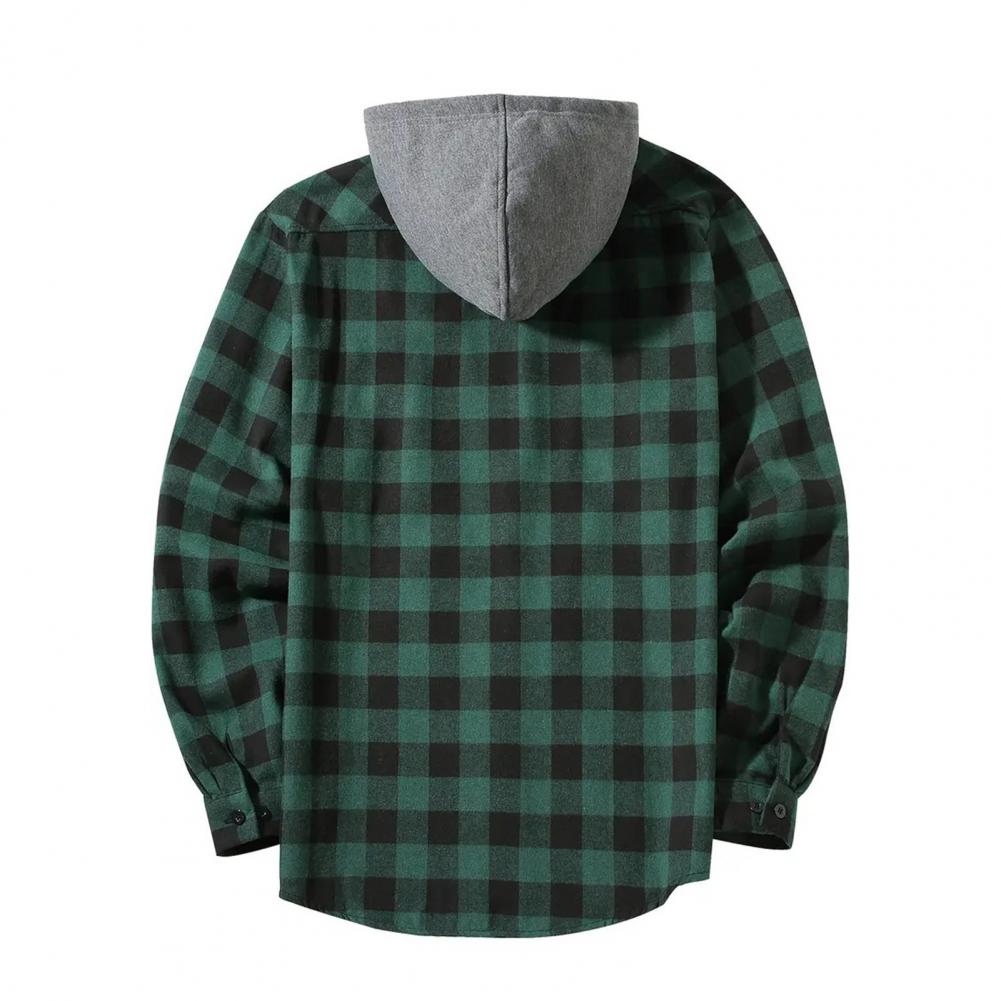 Fall Spring Men Shirt Hooded Drawstring Long Sleeves Color Matching Plaid Print Single-breasted Daily Wear School Home Shirt Coa