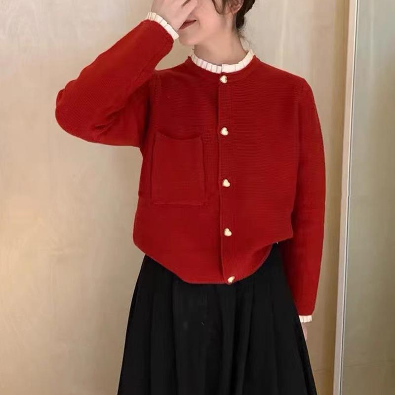 Autumn Ear Edge Round Neck Sweater Women's Fashion Knitted Cardigan Coat Women