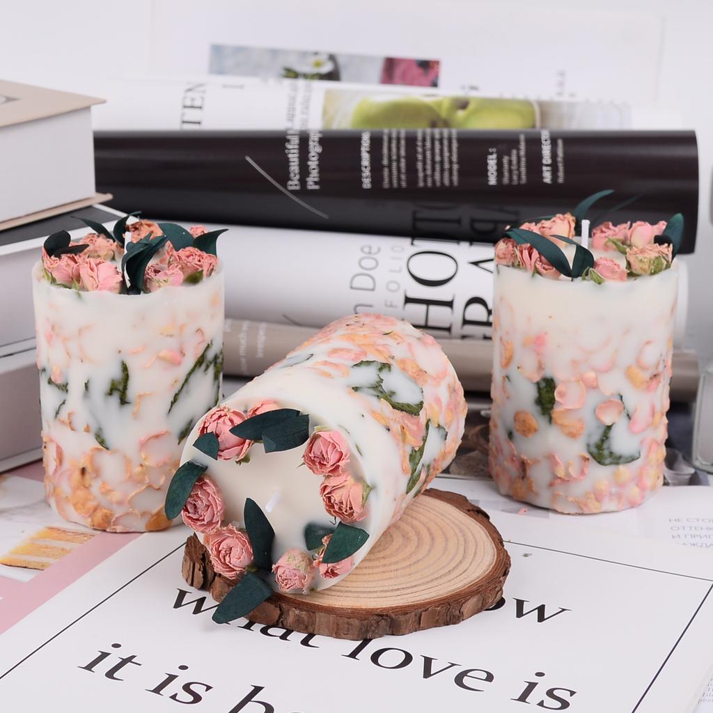 Ins Cylindrical Preserved Flower Dried Flower Rose Flower Embossed Scented Candle Soy Wax Ornament Gift Home Decoration