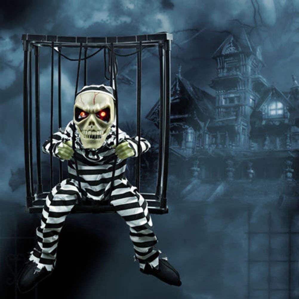 Halloween Scary Screaming Animated Skeleton Cage Prisoner with Light Up Eyes Haunted House Props