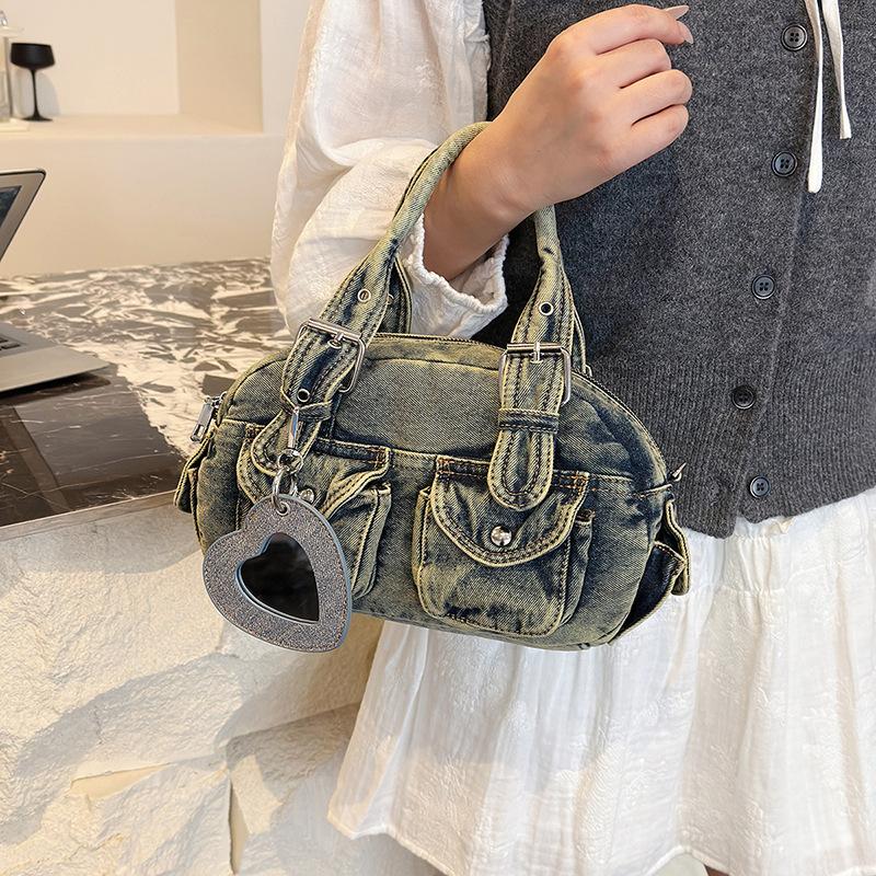 Denim bag women's autumn and winter versatile 2025 new casual pleated messenger bag portable Boston bowling bag