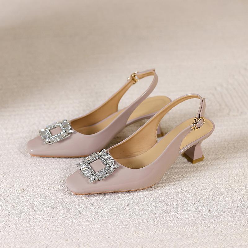 Baotou back empty sandals summer fashion 2025 new patent leather French square head single shoes rhinestone high heels stiletto